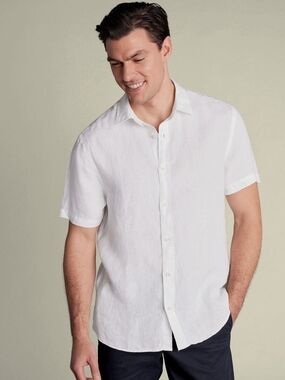 Charles Tyrwhitt White Short-Sleeve Slim Fit Linen Button-Down Shirt